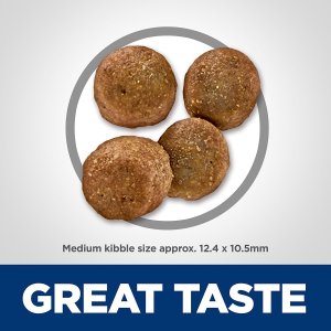 Four pieces of Hill's Science Diet kibble with "Medium kibble size approx. 12.4 x 10.5mm" and "GREAT TASTE" text.