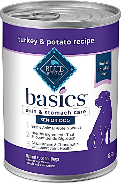 Front side of Blue Buffalo Basic skin and stomach care cane wet dog food with turkey and potato recipe.