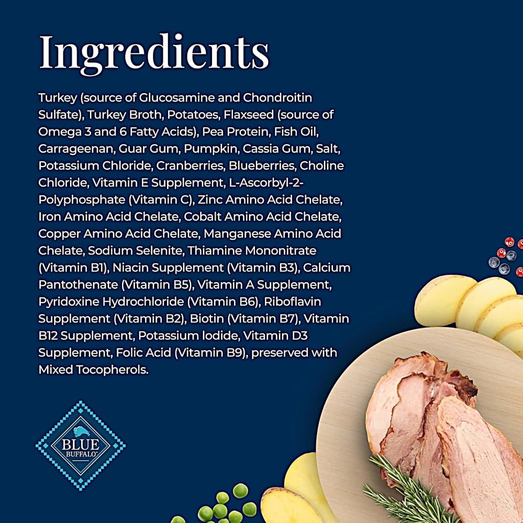 Ingredients of Blue Buffalo Basic skin and stomach care cane wet dog food with turkey and potato recipe.