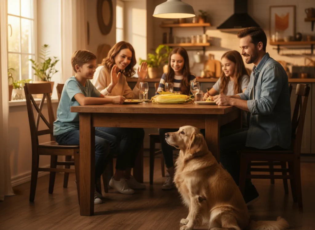 a dog in family dinner